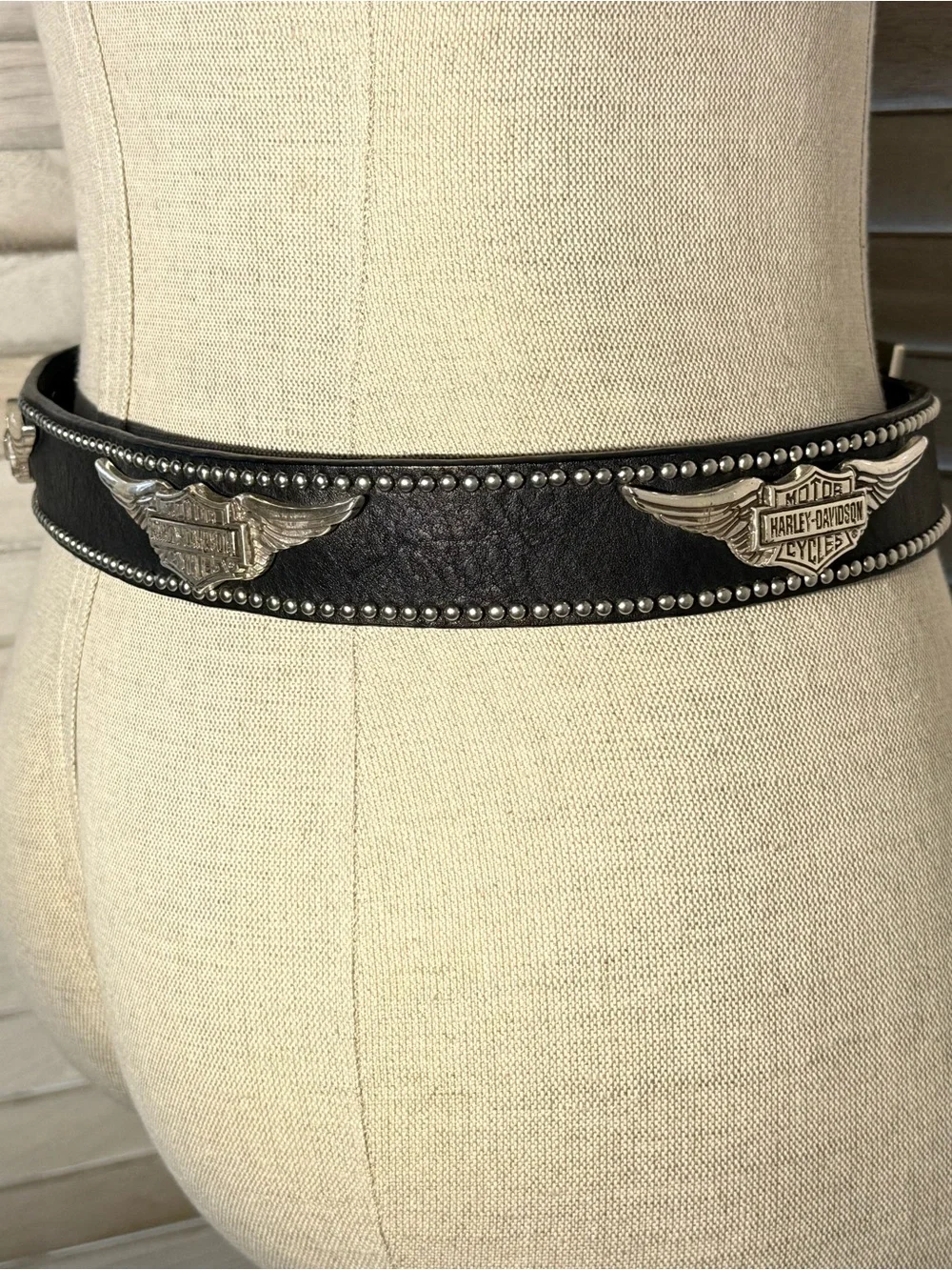 Harley Davidson Black Leather Winged Bar Shield Studded Belt Buckle Small 99550